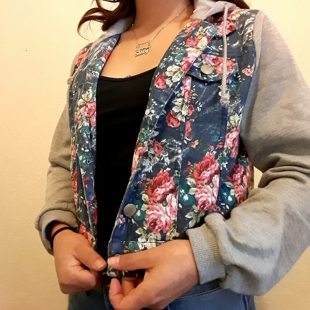 Cropped floral jean hoodie